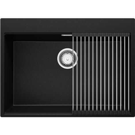 PRIMAGRAN Evier Cuisine en Granit 68x50cm, Lavabo 1 bac + Kit de Vidage + Égouttoir Enroulable, Évier à Encastrer au meuble 70cm - Oslo, Noir Métallisé