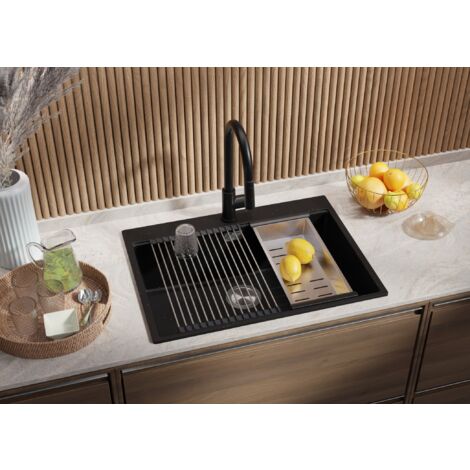 PRIMAGRAN Evier Cuisine en Granit 68x50cm, Lavabo 1 bac + Kit de Vidage + Égouttoir Enroulable, Évier à Encastrer au meuble 70cm - Oslo, Noir Métallisé
