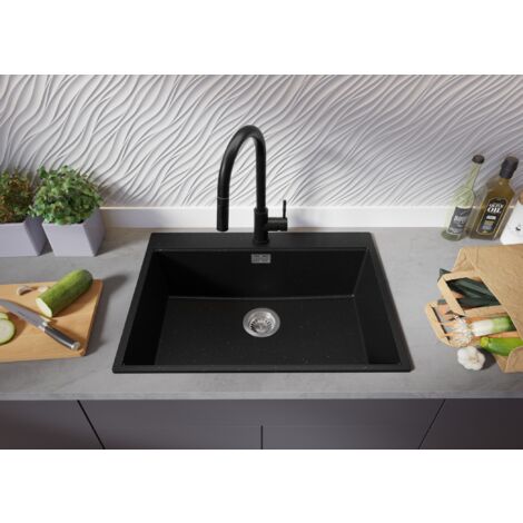 PRIMAGRAN Evier Cuisine en Granit 68x50cm, Lavabo 1 bac + Kit de Vidage + Égouttoir Enroulable, Évier à Encastrer au meuble 70cm - Oslo, Noir Métallisé