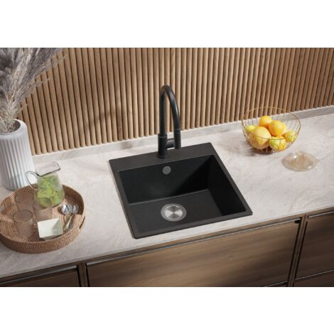 Évier Cusine en Granit 48x50 cm, Lavabo Cuisine 1 Bac + Kit de Vidage, Évier au meuble 50cm, Évier à Encastrer de Primagran Graphite