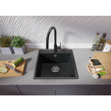 Évier Cusine en Granit 48x50 cm, Lavabo Cuisine 1 Bac + Kit de Vidage, Évier au meuble 50cm, Évier à Encastrer de Primagran Graphite