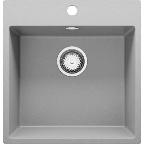 PRIMAGRAN Evier Cuisine en Granit 48x50cm, Lavabo 1 bac + Kit de Vidage, Évier à Encastrer au meuble 50cm - Riga, Gris