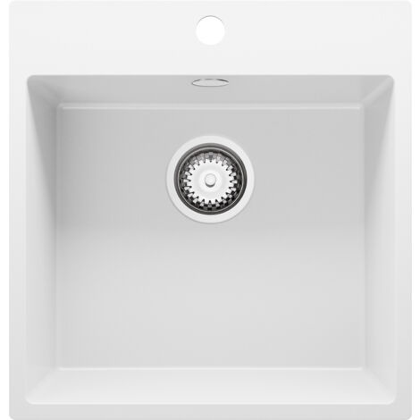 PRIMAGRAN Evier Cuisine en Granit 48x50cm, Lavabo 1 bac + Kit de Vidage, Évier à Encastrer au meuble 50cm - Riga, Blanc