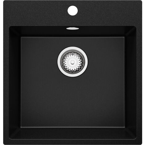 PRIMAGRAN Evier Cuisine en Granit 48x50cm, Lavabo 1 bac + Kit de Vidage, Évier à Encastrer au meuble 50cm - Riga, Noir