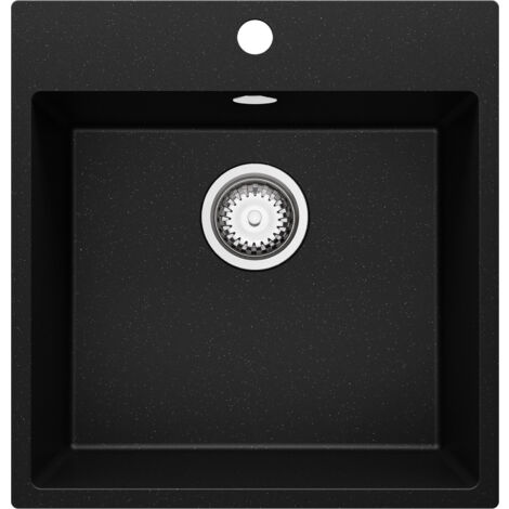 PRIMAGRAN Evier Cuisine en Granit 48x50cm, Lavabo 1 bac + Kit de Vidage, Évier à Encastrer au meuble 50cm - Riga, Noir Métallisé