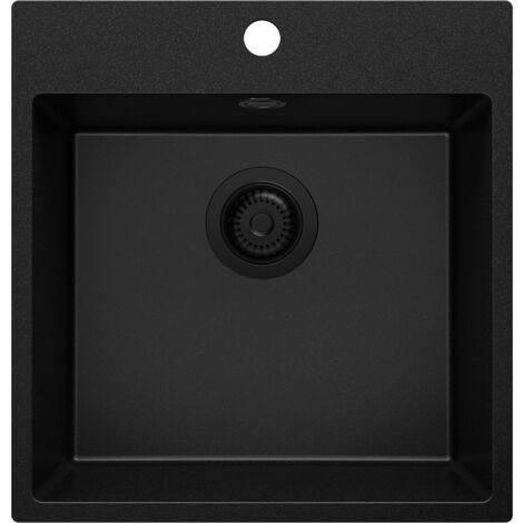 PRIMAGRAN Evier Cuisine en Granit 48x50cm, Lavabo 1 bac + Kit de Vidage, Évier à Encastrer au meuble 50cm - Riga, Tout Noir
