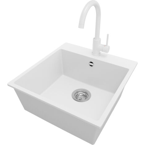 PRIMAGRAN Evier Cuisine en Granit 48x50cm, Lavabo 1 bac + Robinet 32x20cm + Kit de Vidage, Évier à Encastrer au meuble 50cm - Riga, Blanc (1/5)