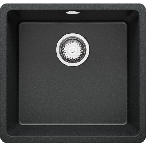 PRIMAGRAN Evier Cuisine en Granit 46x44cm, Lavabo 1 bac + Kit de Vidage, Évier à Encastrer au meuble 50cm - Venise Slim Easy, Graphite (1/5)