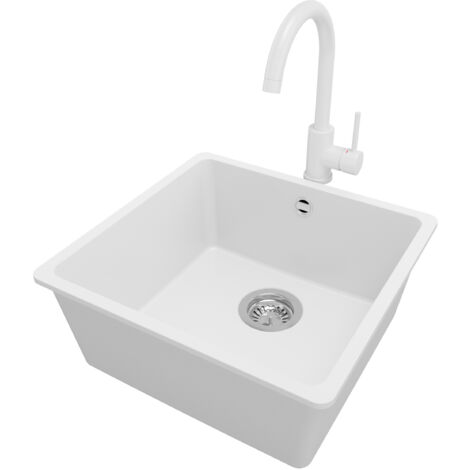 PRIMAGRAN Evier Sous Plan 46x44cm, Evier en Granit 1 bac + Robinet 32x20cm + Kit de Vidage, Évier au meuble 50cm - Venise Easy, Blanc (1/5)