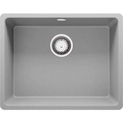 PRIMAGRAN Evier Sous Plan 56x44cm, Evier en Granit 1 bac + Kit de Vidage, Évier au meuble 60cm - Venise Easy, Gris