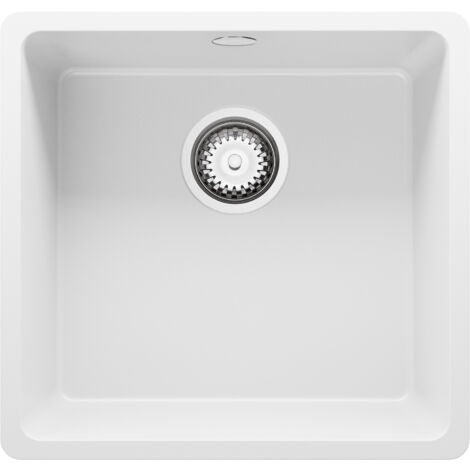 PRIMAGRAN Evier Sous Plan 46x44cm, Evier en Granit 1 bac + Kit de Vidage, Évier au meuble 50cm - Venise Easy, Blanc (1/5)