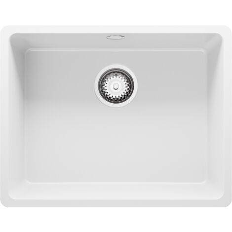 PRIMAGRAN Evier Cuisine en Granit 56x44cm, Lavabo 1 bac + Kit de Vidage, Évier à Encastrer au meuble 60cm - Venise Slim Easy, Blanc (1/5)