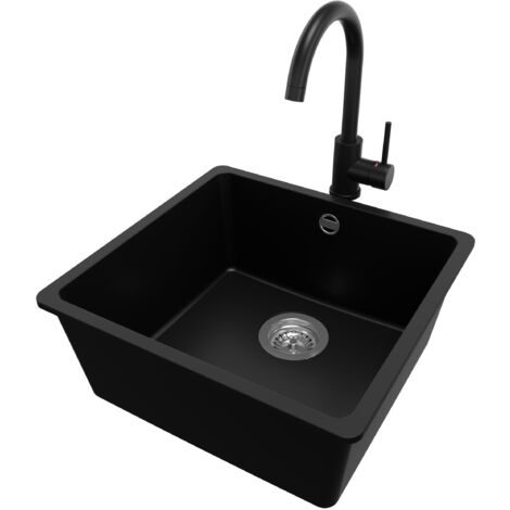 PRIMAGRAN Evier Sous Plan 46x44cm, Evier en Granit 1 bac + Robinet 32x20cm + Kit de Vidage, Évier au meuble 50cm - Venise Easy, Noir (1/5)