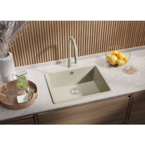 Évier Cusine en Granit 56x44 cm, Lavabo Cuisine 1 Bac + Kit de Vidage, Évier au meuble 60cm, Évier à Encastrer de Primagran Beige