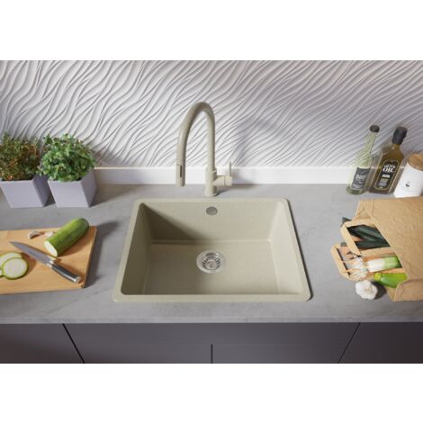 Évier Cusine en Granit 56x44 cm, Lavabo Cuisine 1 Bac + Kit de Vidage, Évier au meuble 60cm, Évier à Encastrer de Primagran Beige