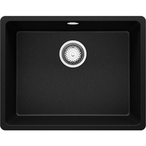 PRIMAGRAN Evier Sous Plan 56x44cm, Evier en Granit 1 bac + Kit de Vidage, Évier au meuble 60cm - Venise Easy, Noir Métallisé