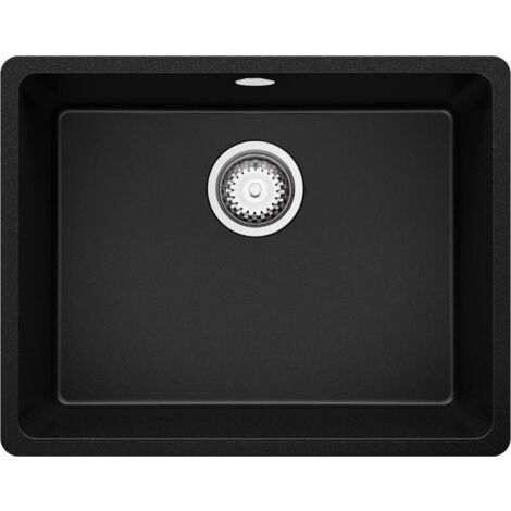 PRIMAGRAN Evier Sous Plan 56x44cm, Evier en Granit 1 bac + Kit de Vidage, Évier au meuble 60cm - Venise Easy, Noir