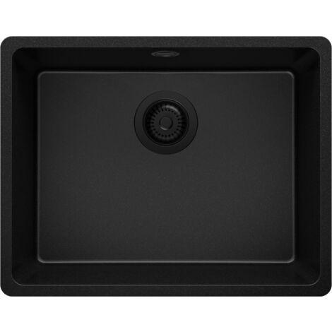 PRIMAGRAN Evier Sous Plan 56x44cm, Evier en Granit 1 bac + Kit de Vidage, Évier au meuble 60cm - Venise Easy, Tout Noir