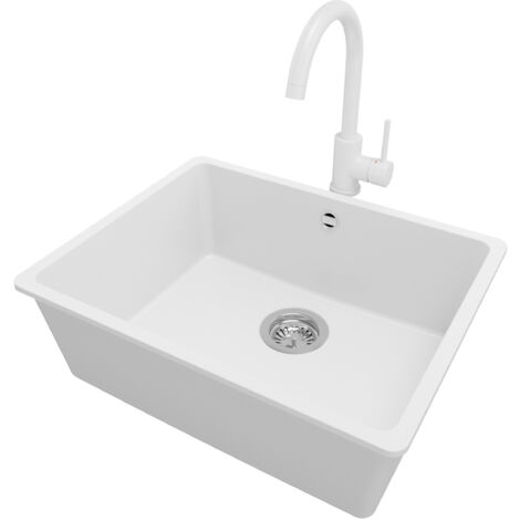 PRIMAGRAN Evier Sous Plan 56x44cm, Evier en Granit 1 bac + Robinet 32x20cm + Kit de Vidage, Évier au meuble 60cm - Venise Easy, Blanc