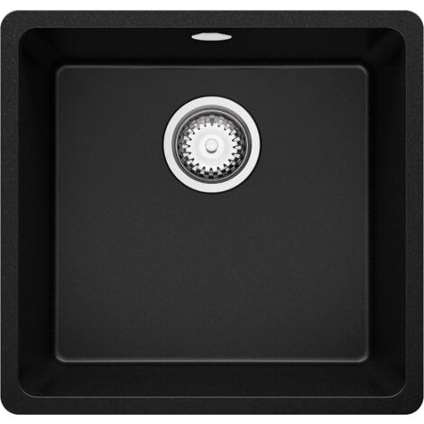 PRIMAGRAN Evier Sous Plan 46x44cm, Evier en Granit 1 bac + Kit de Vidage, Évier au meuble 50cm - Venise Easy, Noir (1/5)