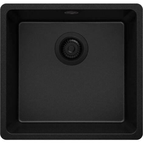 PRIMAGRAN Evier Sous Plan 46x44cm, Evier en Granit 1 bac + Kit de Vidage, Évier au meuble 50cm - Venise Easy, Tout Noir (1/5)