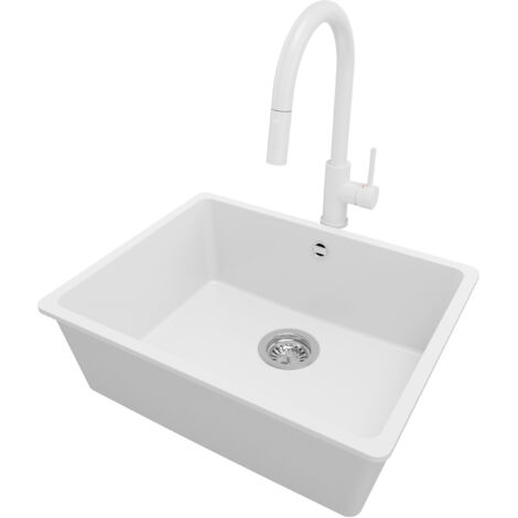 PRIMAGRAN Evier Sous Plan 56x44cm, Evier en Granit 1 bac + Robinet 40x20cm + Kit de Vidage, Évier au meuble 60cm - Venise Easy, Blanc (1/5)
