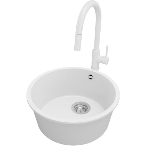 PRIMAGRAN Evier cuisine Granit Rond 46x46cm, Evier 1 bac + Robinet 40x20cm + Kit de Vidage, Lavabo Cuisine au meuble 50cm - La Valette Slim, Blanc (1/5)