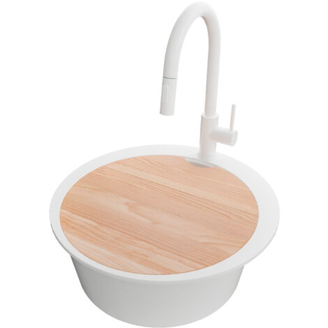 PRIMAGRAN Evier cuisine Granit Rond 53x53cm, Evier 1 bac + Robinet 40x20cm + Kit de Vidage + Accessoire, Lavabo Cuisine au meuble 50cm - Pise Max, Blanc (1/5)