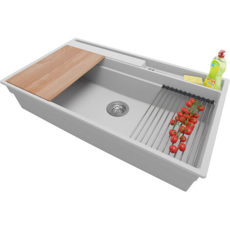 PRIMAGRAN Evier Cuisine en Granit 88x53cm, Lavabo 1 bac + Kit de Vidage + Accessoires, Évier à Encastrer au meuble 90cm - Oslo Pocket, Gris