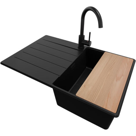 PRIMAGRAN Evier Cuisine en Granit 78x50cm, Lavabo 1 bac + Kit de Vidage + Accessoire, Évier à Encastrer au meuble 45cm - Copenhague, Tout Noir (1/5)