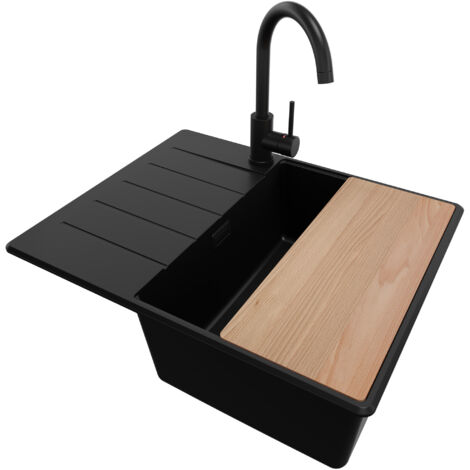 PRIMAGRAN Evier Cuisine en Granit 62x50cm, Lavabo 1 bac + Kit de Vidage + Accessoire, Évier à Encastrer au meuble 45cm - Copenhague, Tout Noir (1/5)