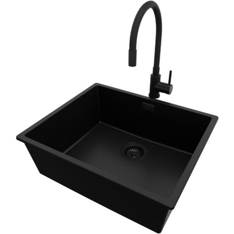 PRIMAGRAN Evier Cuisine en Granit 56x47cm, Lavabo 1 bac + Robinet 40x38cm + Kit de Vidage, Évier à Encastrer au meuble 60cm - London Slim, Tout Noir (1/5)