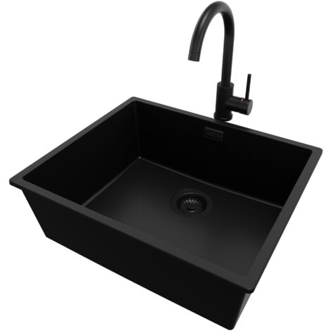 PRIMAGRAN Evier Sous Plan 56x47cm, Evier en Granit 1 bac + Robinet 32x20cm + Kit de Vidage, Évier au meuble 60cm - London, Tout Noir (1/5)
