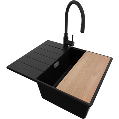 PRIMAGRAN Evier Cuisine en Granit 62x50cm, Lavabo 1 bac + Robinet 40x38cm + Kit de Vidage + Accessoire, Évier à Encastrer au meuble 45cm - Copenhague, Noir (1/5)