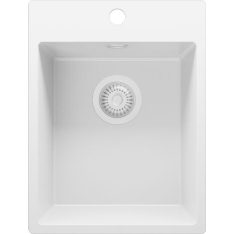 PRIMAGRAN Evier Cuisine en Granit 38x50cm, Lavabo 1 bac + Kit de Vidage, Évier à Encastrer au meuble 40cm - Riga, Tout Blanc (1/5)