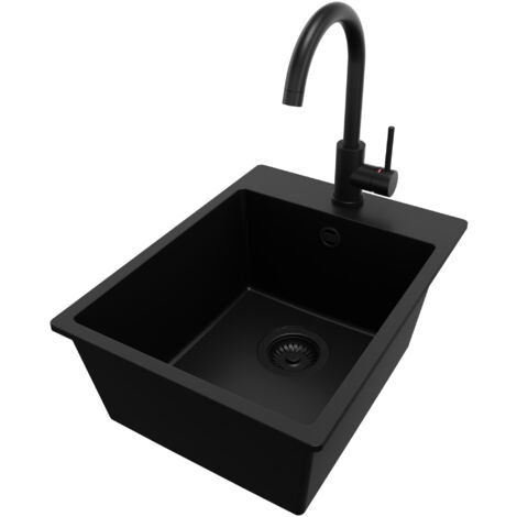 PRIMAGRAN Evier Cuisine en Granit 38x50cm, Lavabo 1 bac + Robinet 32x20cm + Kit de Vidage, Évier à Encastrer au meuble 40cm - Riga, Tout Noir