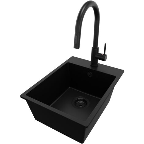 PRIMAGRAN Evier Cuisine en Granit 38x50cm, Lavabo 1 bac + Robinet 40x20cm + Kit de Vidage, Évier à Encastrer au meuble 40cm - Riga, Tout Noir