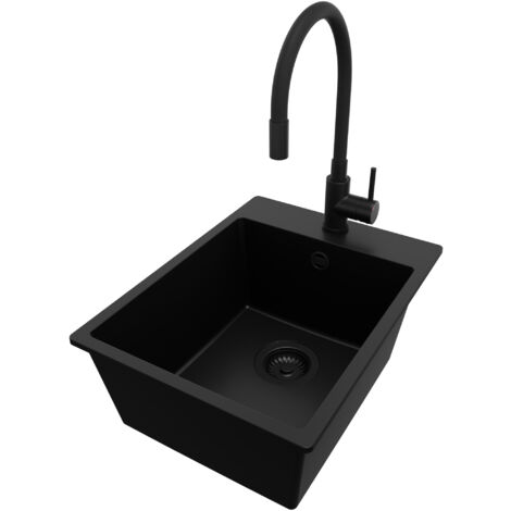PRIMAGRAN Evier Cuisine en Granit 38x50cm, Lavabo 1 bac + Robinet 40x38cm + Kit de Vidage, Évier à Encastrer au meuble 40cm - Riga, Tout Noir (1/5)