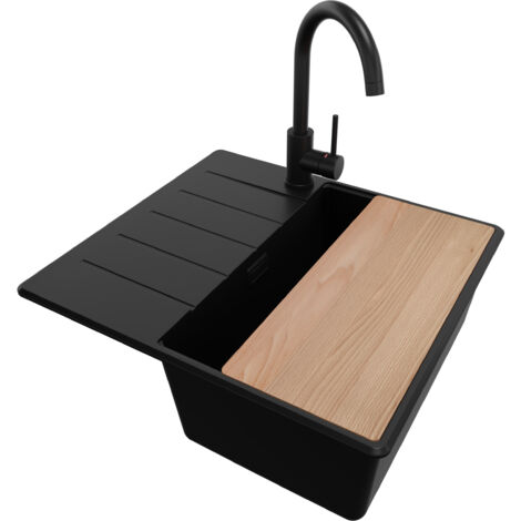 PRIMAGRAN Evier Cuisine en Granit 55x50cm, Lavabo 1 bac + Kit de Vidage + Accessoire, Évier à Encastrer au meuble 40cm - Copenhague, Tout Noir (1/5)