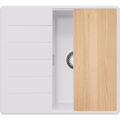 PRIMAGRAN Evier Cuisine en Granit 55x50cm, Lavabo 1 bac + Kit de Vidage + Planche à Découper, Évier à Encastrer au meuble 40cm - Copenhague, Blanc (1/5)