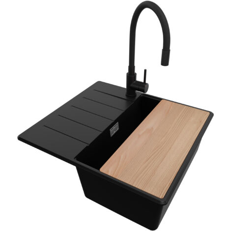 PRIMAGRAN Evier Cuisine en Granit 55x50cm, Lavabo 1 bac + Robinet 40x38cm + Kit de Vidage + Accessoire, Évier à Encastrer au meuble 40cm - Copenhague, Noir (1/5)