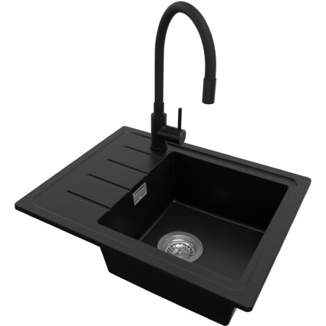 PRIMAGRAN Evier Cuisine en Granit 55x44cm, Lavabo 1 bac + Robinet 40x38cm + Kit de Vidage, Évier à Encastrer au meuble 45cm - Copenhague Easy, Noir