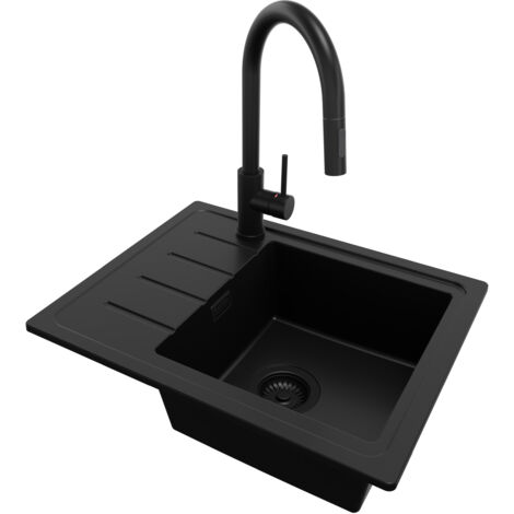 PRIMAGRAN Evier Cuisine en Granit 55x44cm, Lavabo 1 bac + Robinet 40x20cm + Kit de Vidage, Évier à Encastrer au meuble 45cm - Copenhague Easy, Tout Noir