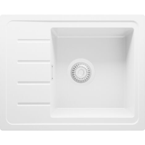 PRIMAGRAN Evier Cuisine en Granit 55x44cm, Lavabo 1 bac + Kit de Vidage, Évier à Encastrer au meuble 45cm - Copenhague Easy, Tout Blanc