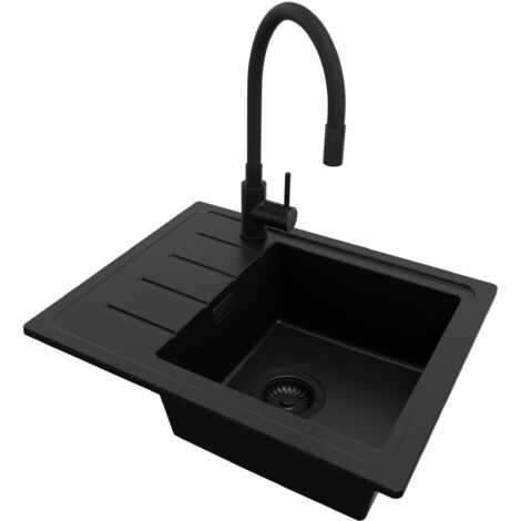 PRIMAGRAN Evier Cuisine en Granit 55x44cm, Lavabo 1 bac + Robinet 40x38cm + Kit de Vidage, Évier à Encastrer au meuble 45cm - Copenhague Easy, Tout Noir