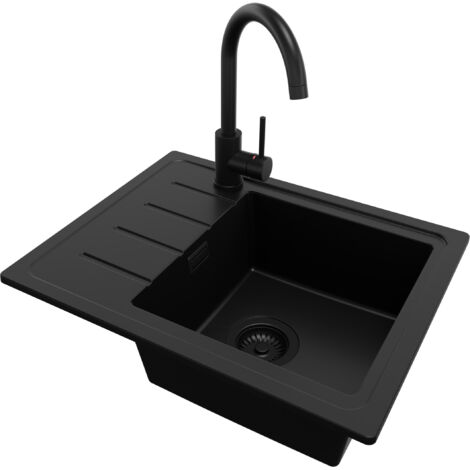 PRIMAGRAN Evier Cuisine en Granit 55x44cm, Lavabo 1 bac + Robinet 32x20cm + Kit de Vidage, Évier à Encastrer au meuble 45cm - Copenhague Easy, Tout Noir