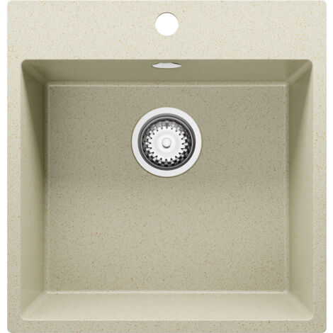 Évier Cusine en Granit 48x50 cm, Lavabo Cuisine 1 Bac + Kit de Vidage, Évier au meuble 50cm, Évier à Encastrer de Primagran Beige