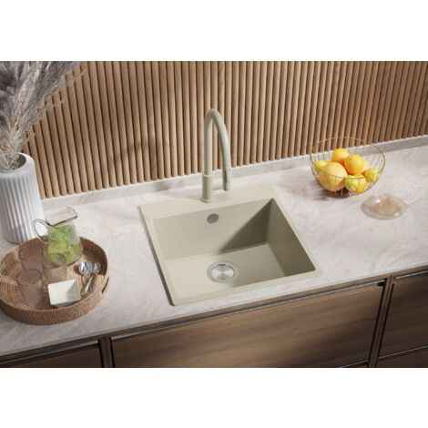 Évier Cusine en Granit 48x50 cm, Lavabo Cuisine 1 Bac + Kit de Vidage, Évier au meuble 50cm, Évier à Encastrer de Primagran Beige