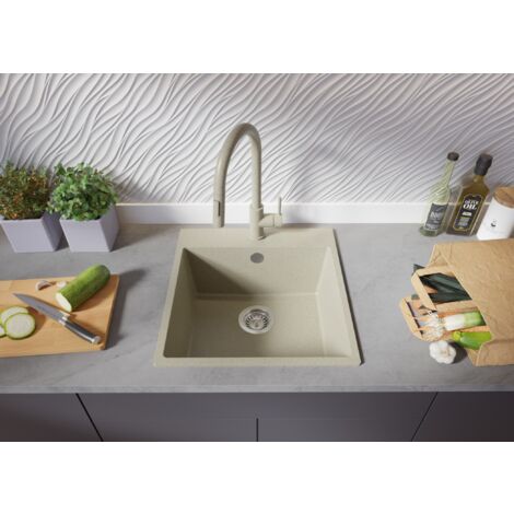 Évier Cusine en Granit 48x50 cm, Lavabo Cuisine 1 Bac + Kit de Vidage, Évier au meuble 50cm, Évier à Encastrer de Primagran Beige