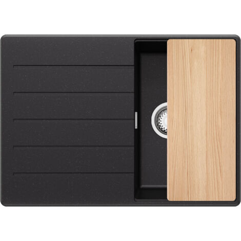 PRIMAGRAN Evier Cuisine en Granit 70x50cm, Lavabo 1 bac + Kit de Vidage + Planche à Découper, Évier à Encastrer au meuble 40cm - Copenhague, Noir Métallisé (1/5)